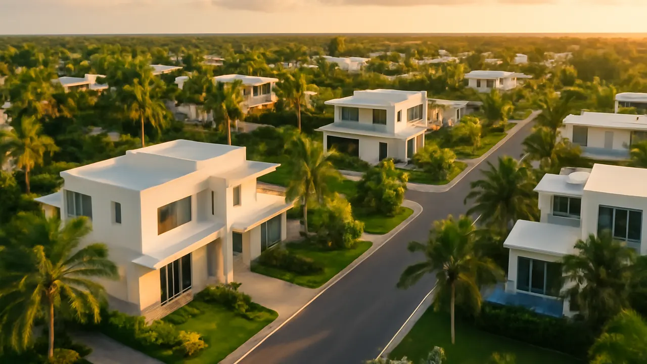 Vista aérea de zona residencial moderna en Punta Cana Village con palmeras y luz cálida al atardecer, imagen para sección de declaración IRS propiedades RD