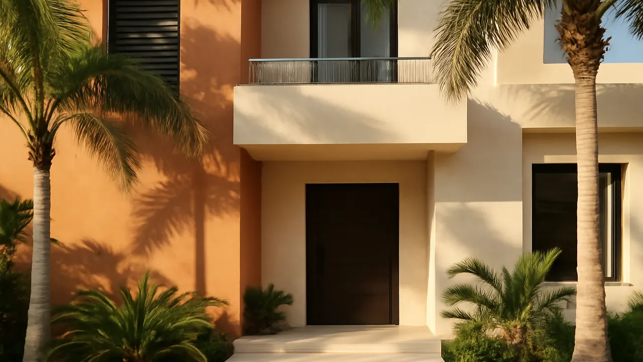 Fachada de residencia de lujo en Punta Cana con arquitectura moderna y vegetación tropical, ilustrando obligaciones fiscales para propietarios estadounidenses en República Dominicana