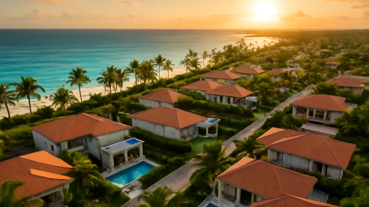 Comunidad residencial de lujo en Punta Cana con vistas aéreas, destacando zonas recomendadas para inversión inmobiliaria con opción a residencia en República Dominicana