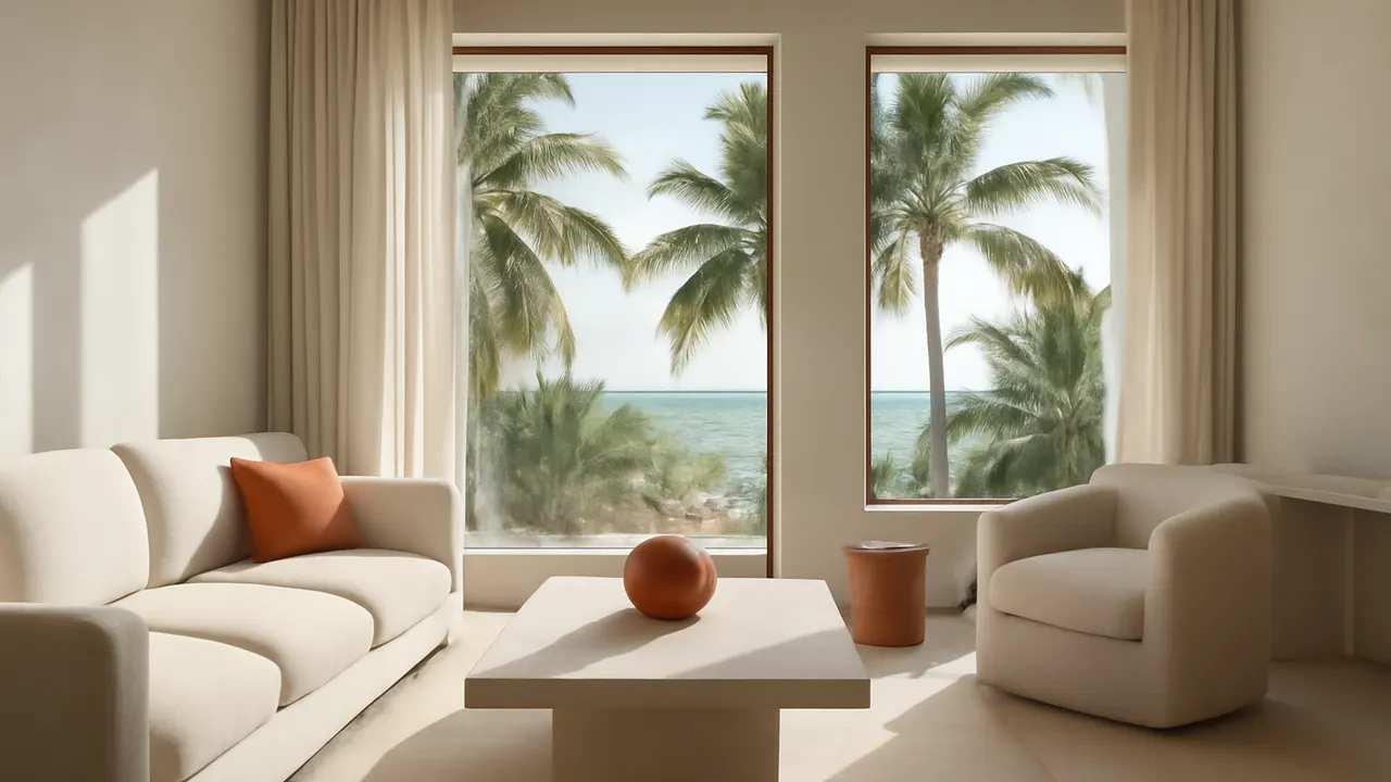 Interior sereno y moderno de vivienda de lujo en Punta Cana, iluminado con luz natural, representando el concepto de residencia por inversión en República Dominicana