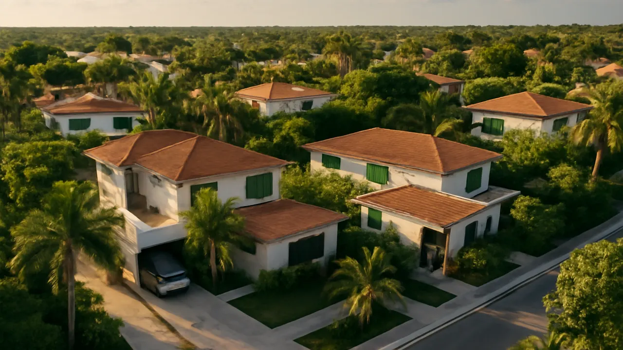 Imagen aérea de barrio residencial moderno en Punta Cana Village, destacando arquitectura y vegetación autóctona, zona recomendada para inversión inmobiliaria con fines de residencia en República Dominicana