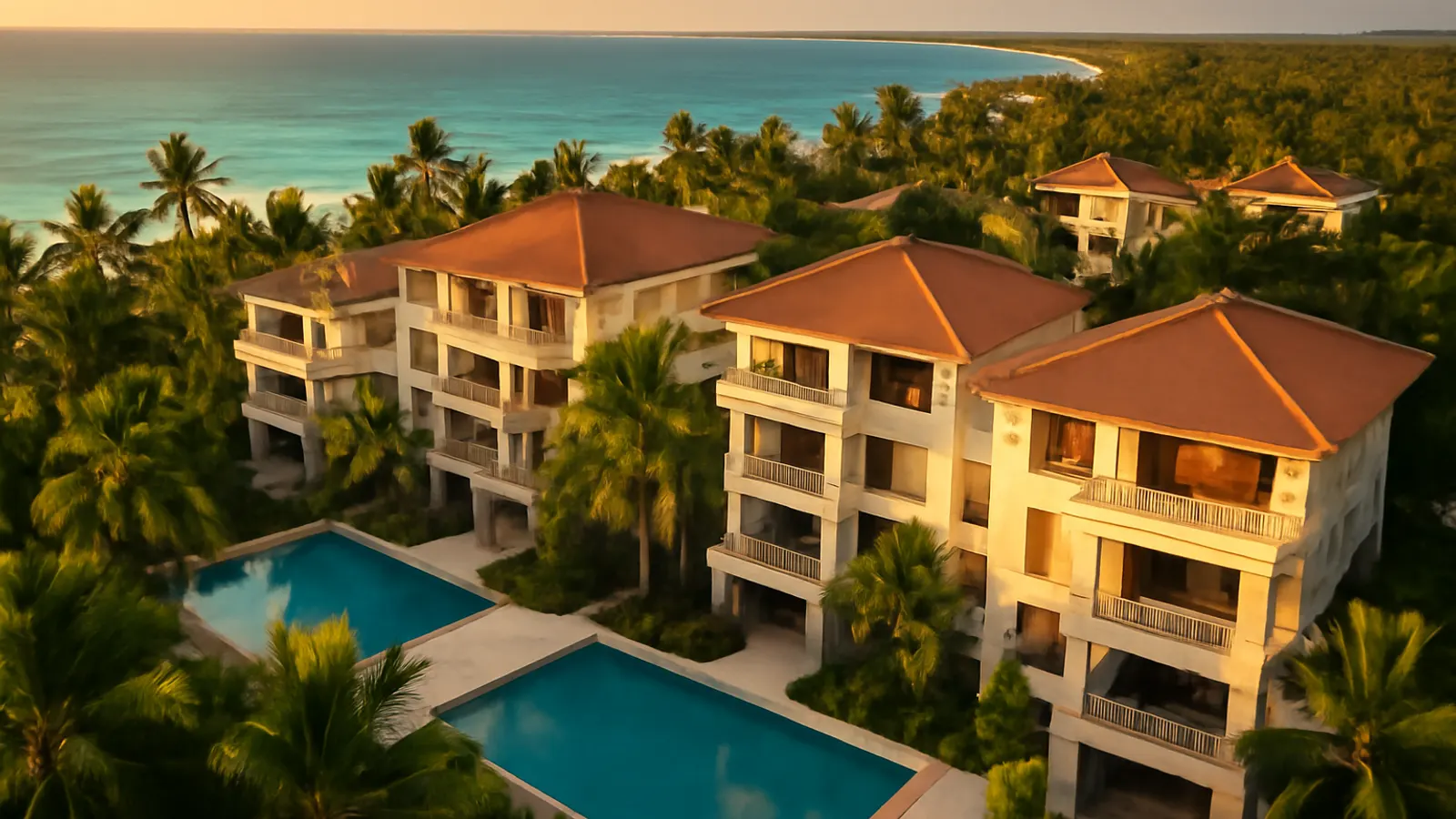 Vista aérea fotorealista de complejo residencial de lujo en Punta Cana al atardecer, con arquitectura moderna y paleta marfil, arena, terracota y turquesa, ideal para residencia por inversión en República Dominicana