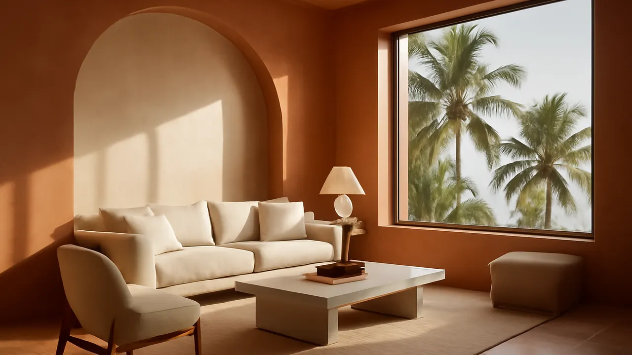 Interior sereno y moderno de vivienda de lujo en República Dominicana con luz natural y detalles en tonos terracota y marfil