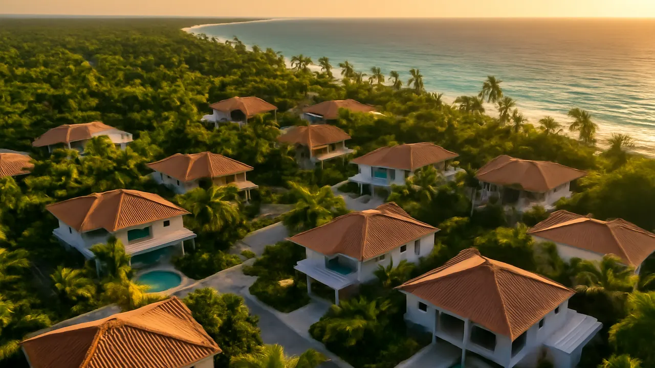 Vista aérea de barrio residencial premium en Punta Cana con casas modernas, vegetación autóctona y playas cercanas
