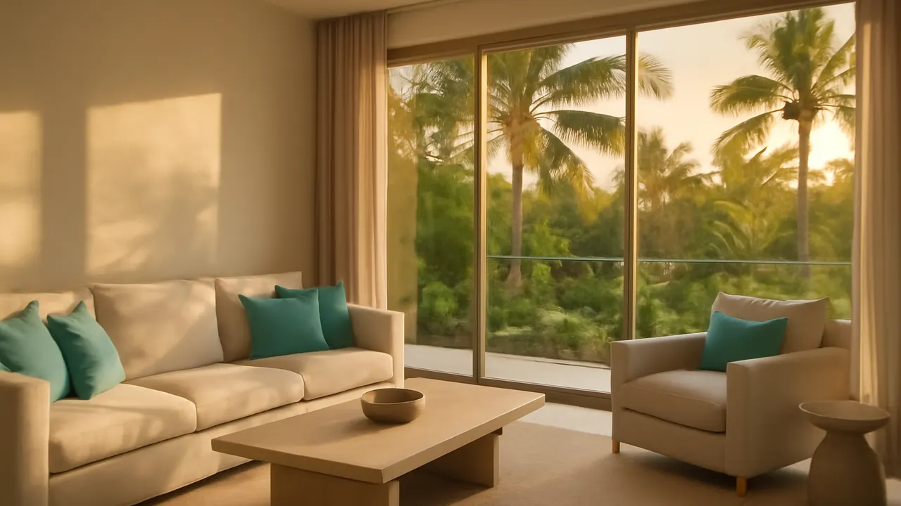 Interior moderno y sereno en una residencia de lujo en Punta Cana, representando el servicio inmobiliario para compradores