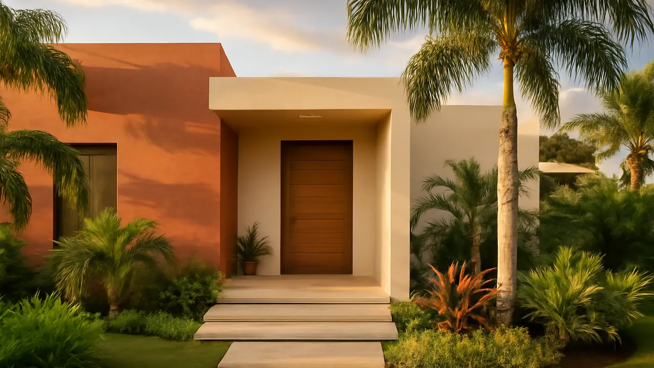 Entrada de vivienda residencial moderna en Punta Cana con tonos terracota y marfil, vegetación autóctona y luz cálida de atardecer, ilustrando proceso de compra inmobiliaria