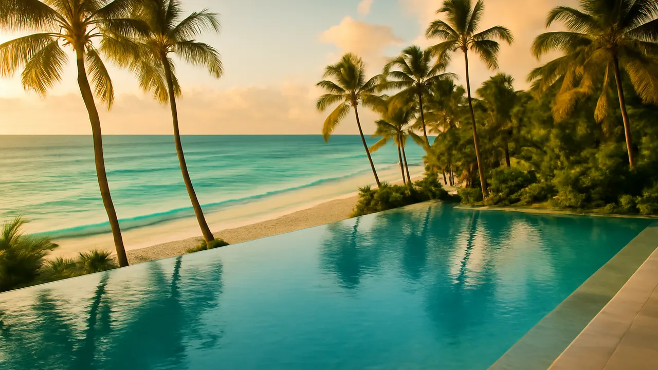 Piscina infinity con vistas al océano turquesa y playas blancas en Punta Cana, rodeada de palmeras y vegetación tropical, luz cálida de atardecer, ideal para gestión de rentas vacacionales