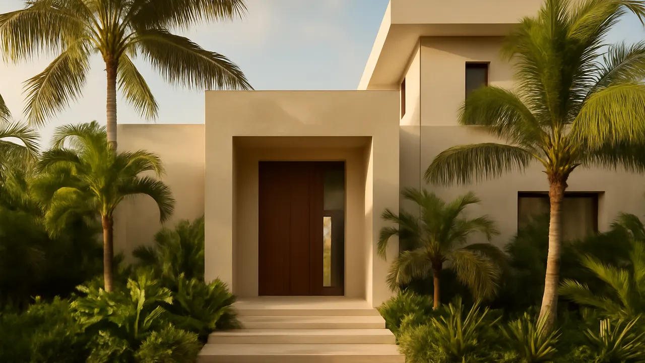 Luxury home entrance in Punta Cana surrounded by native tropical vegetation, illustrating the process to sell property in Punta Cana