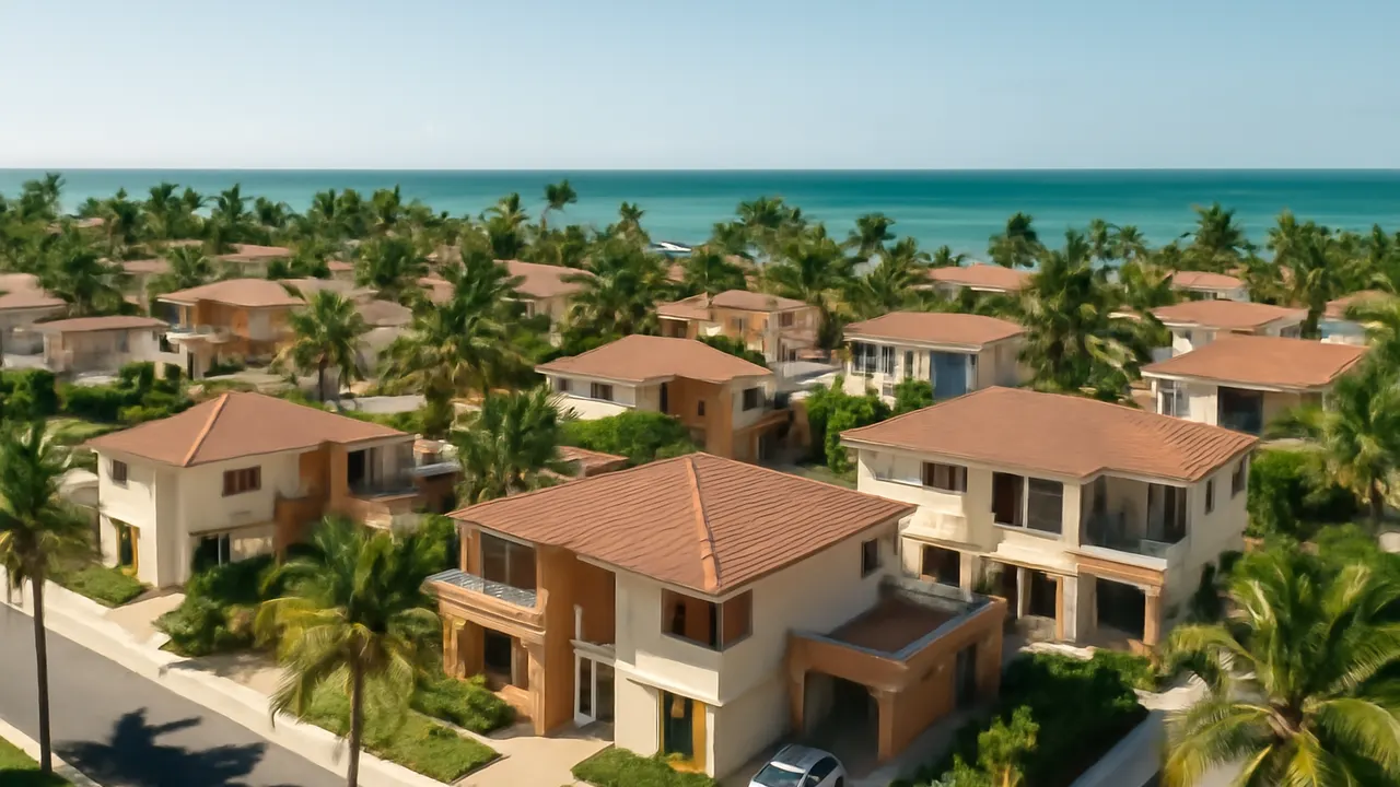 Aerial view of a modern residential neighborhood in Punta Cana with palm trees and turquoise ocean, representing valuation and market timing