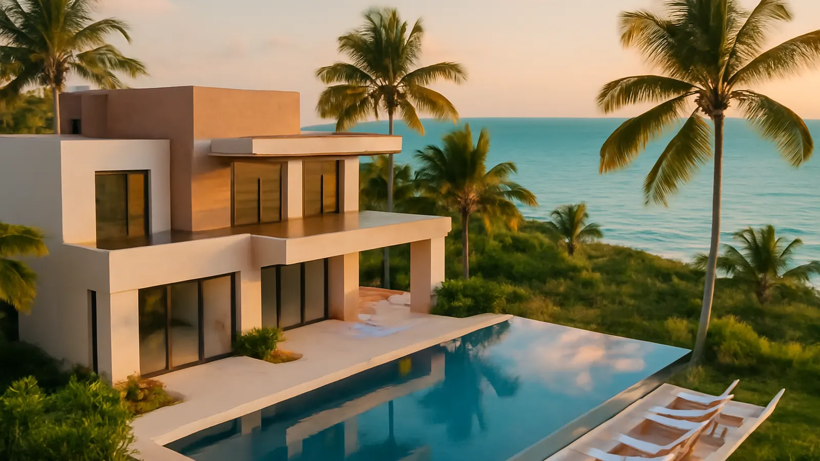 Modern residential villa in Punta Cana with infinity pool at sunset, palm trees and turquoise ocean