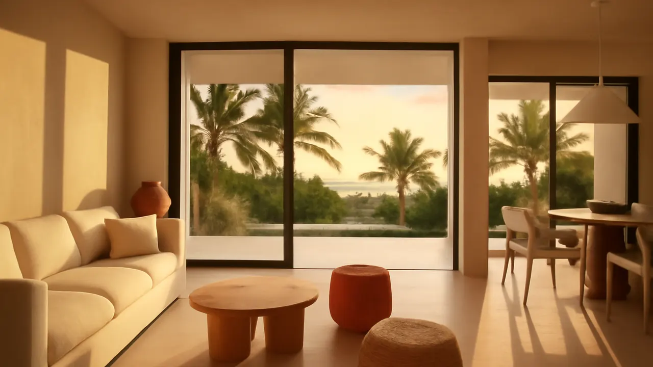 Interior sereno y moderno de villa en Punta Cana con luz natural de atardecer y vistas a la vegetación tropical, destacando características clave de inversión inmobiliaria en el Caribe