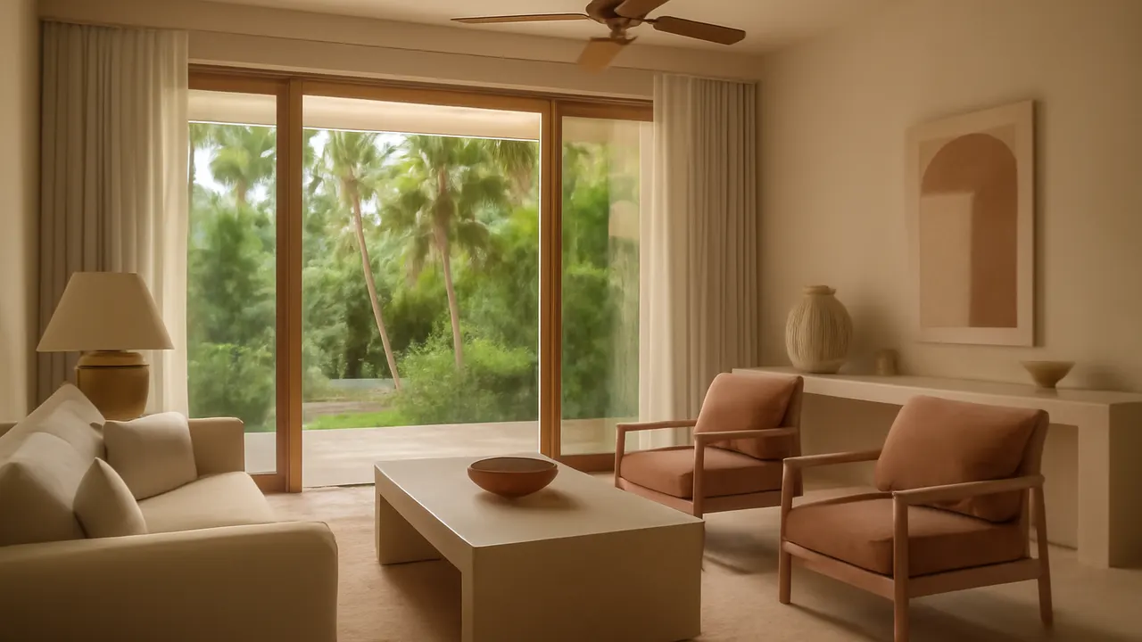 Modern and serene residential interior in Cap Cana Punta Cana with warm light and visible native vegetation