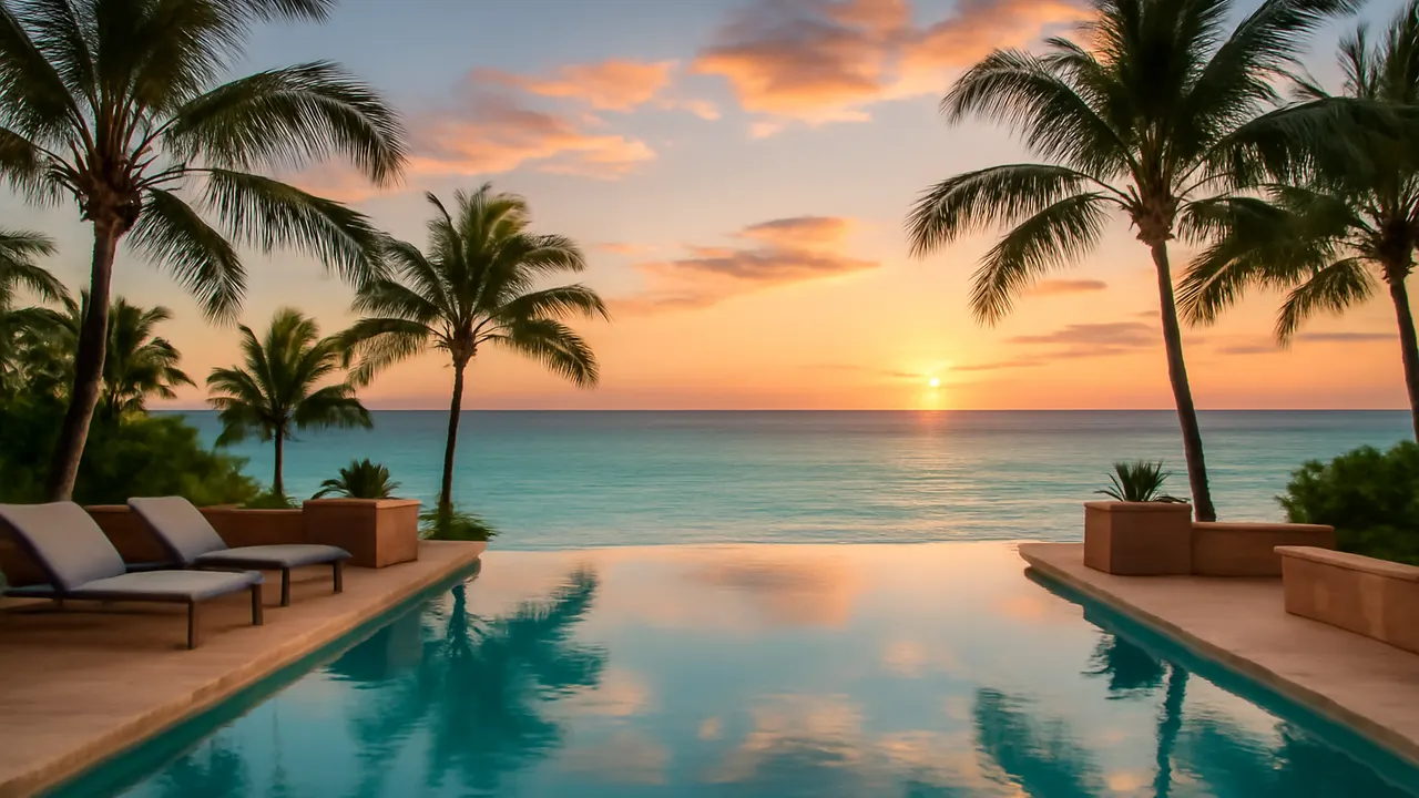Luxury infinity pool in Cap Cana Punta Cana with turquoise ocean views at sunset