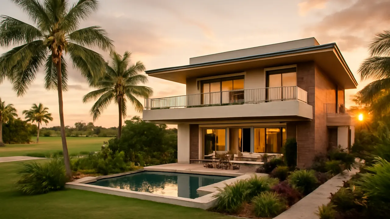 Modern luxury villa overlooking a golf course in Punta Cana at sunset, with ivory and terracotta colors, palm trees, and native tropical vegetation