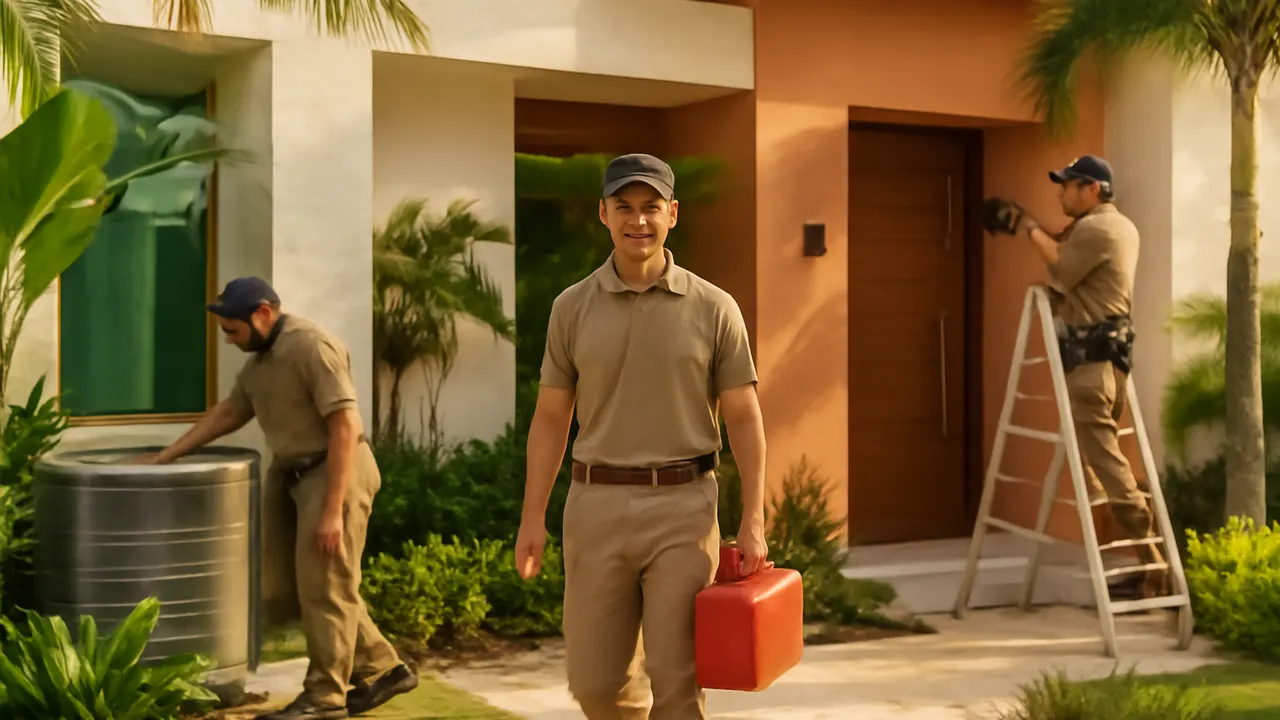 Professional team performing maintenance at a luxury residence in a golf community in Punta Cana, with modern architecture and tropical vegetation